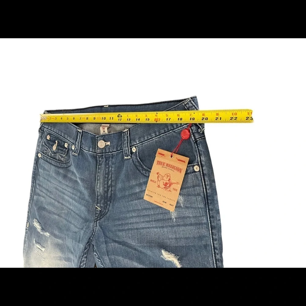 True Religion Men's Cut-Off Jean Shorts w/ Flaps & Rips in Moving Indigo size 38